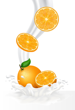 Fruit in milk splash over green banners. のイラスト素材