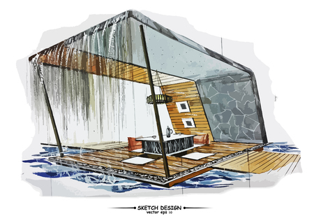 Vector interior sketch design. Watercolor sketching idea on white paper backgroundのイラスト素材