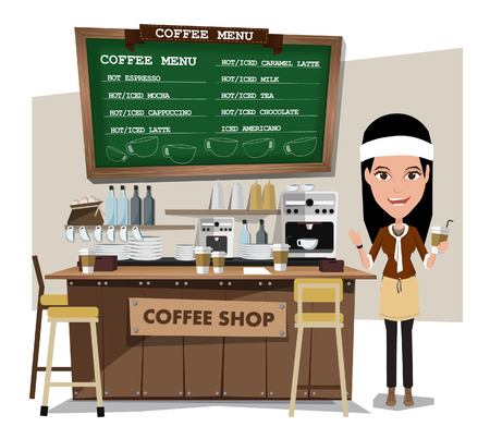 coffee bar and barista. Flat style illustration. EPS 10 vector.のイラスト素材