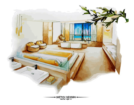 Vector interior sketch design. Watercolor sketching idea on white paper background.のイラスト素材