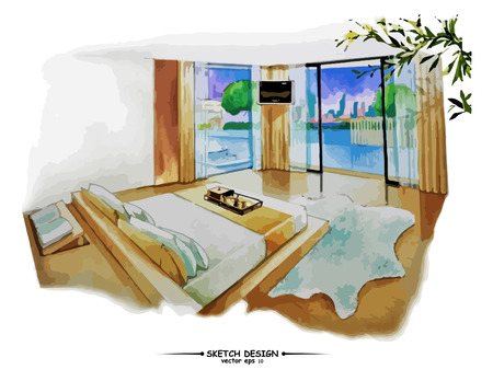 Vector interior sketch design. Watercolor sketching idea on white paper background.のイラスト素材