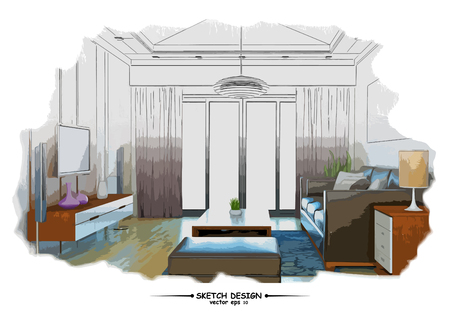 Vector interior sketch design. Watercolor sketching idea on white paper background.のイラスト素材
