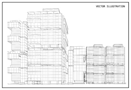 Perspective 3D render of building wireframe - Vector illustrationのイラスト素材