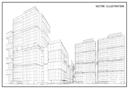 Perspective 3d Wireframe of buildingのイラスト素材