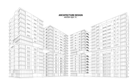 Perspective 3D render of building wireframe - Vector illustrationのイラスト素材