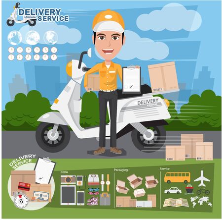 Fast delivery. Delivery Boy Ride Motorcycle Service, Order, Worldwide Shipping, Free Transport. vector illustrationのイラスト素材