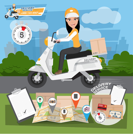 Fast delivery. Delivery Girl Ride Motorcycle Service, Order, Worldwide Shipping, Free Transport. vector illustration eps10のイラスト素材