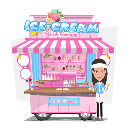 Ice cream cart with seller. Design Elements.Vector Illustrationのイラスト素材