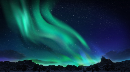 A beautiful green aurora dancing over the hillsの写真素材