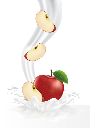Colorful fresh apple falling into the milky splash. Vector illustrationのイラスト素材
