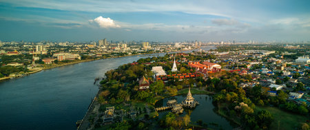 Aerial view of Nonthaburi, thailand. Skyline along Chaophraya River sunset.