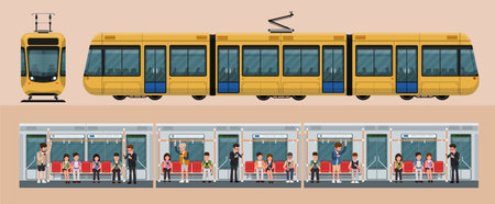 Modern Tram isolated on background. Subway train car interior with commuting passengers sitting reading standing with tablet.のイラスト素材