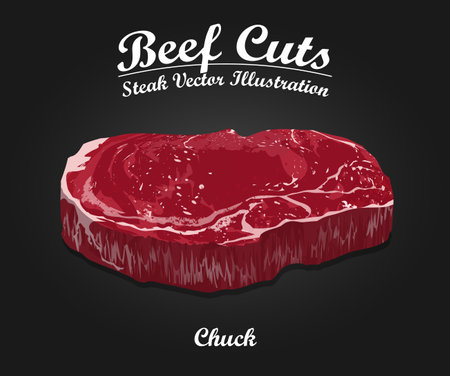 Raw fresh meat steak on black background. Template for meat business - shop, market, restaurant or design - banner, sticker, menu vector illustration.のイラスト素材