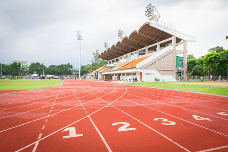 Bangkok Thailand , October 18 , 2017 : number on red Track in the stadium backgroundのeditorial素材