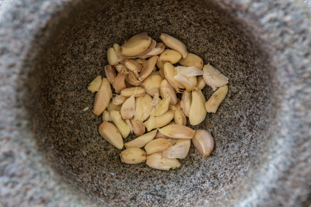 Garlic in stone mortar on the concrete floorの写真素材