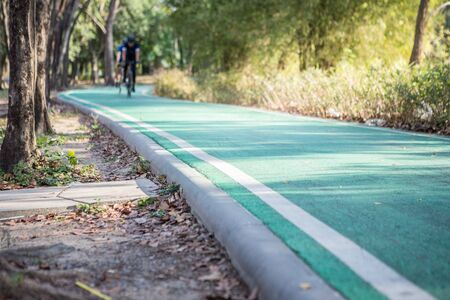 Cyclists on bike lane in park with sunlight and natural backgroundの写真素材