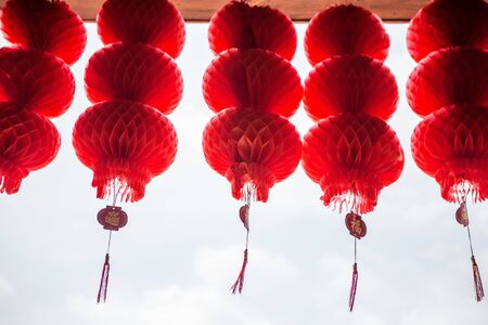 Many Red paper lantern auspicious of the Chinese. The letters in the picture mean "wealth, fortune, blessingの写真素材