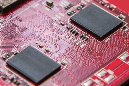 Close up Red Electronic circuit boardの写真素材