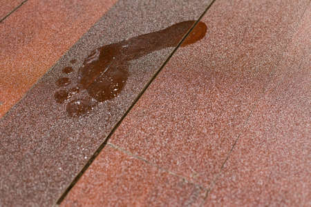 Footprints on dusty wooden floor texture backgroundの写真素材