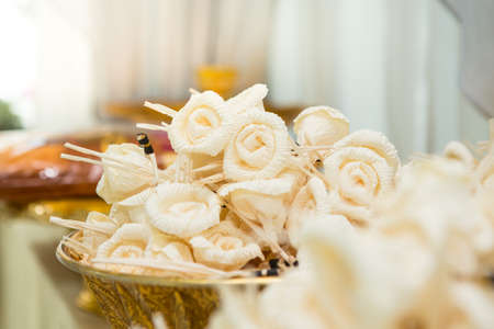 Sandalwood flower in gold tray used in Thai traditional funeralの写真素材