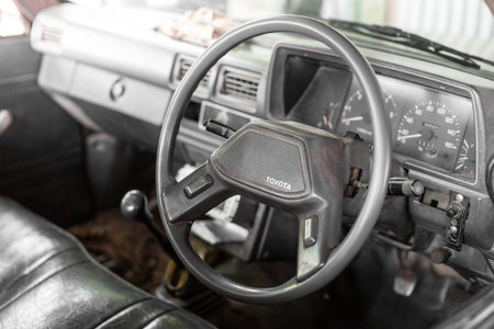 Bangkok Thailand , July 9 , 2018 : Steering wheel and console in old Toyota pickupのeditorial素材