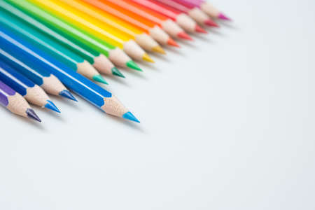 Pattern of Colorful Many colored pencils on a white background and copy spaceの写真素材