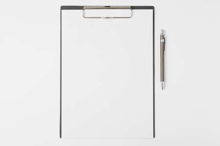Top view of Document Board and pen on white background and copy spaceの写真素材