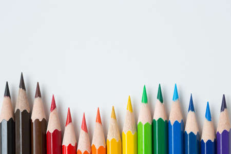 Pattern of Colorful Many colored pencils on a white background and copy spaceの写真素材
