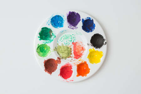 Top view of Colorful Watercolor palette on a white backgroundの写真素材