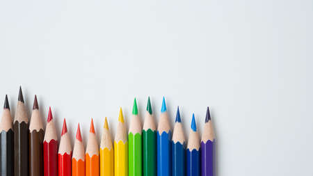 Pattern of Colorful Many colored pencils on a white background and copy spaceの写真素材