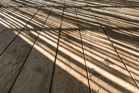 Selective focus of Pattern Beautiful light and shadow on the wooden floor texture backgroundの写真素材