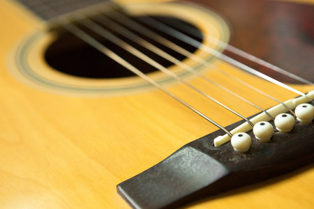 Selective focus of Bridge on Acoustic guitar and copy space