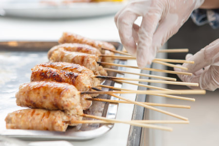 Selective focus of Isan Sausage in a Tray Most popular food in Thailandの写真素材