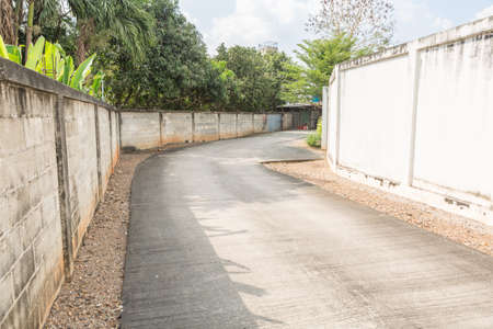 Rural road with high walls and lots of treesの写真素材