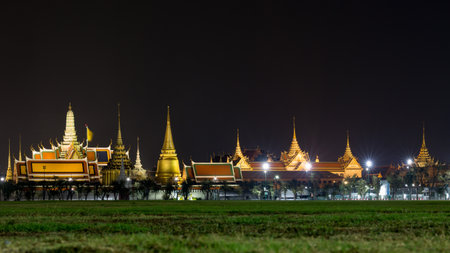 Bangkok Thailand , March 10 , 2021 : The Temple of the Emerald Buddha and The Grand Palace with beautiful lights at night is an Historical landmarks of Bangkok, Thailandのeditorial素材