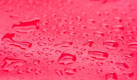 Selective focus of Water drops on red surface texture backgroundの写真素材
