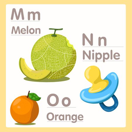 Illustrator of M N O with alphabet melon nipple and orangeのイラスト素材
