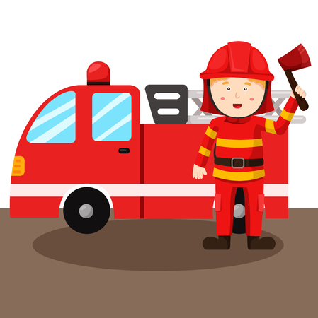 Illustration of fireman and Fire truckのイラスト素材