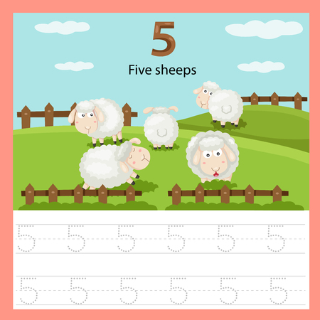Illustrator of worksheet of five sheepのイラスト素材