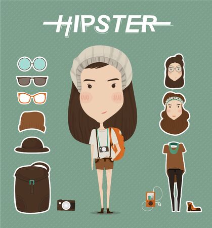 Hipster girl character with hipster elements and iconsのイラスト素材
