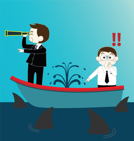 Two Businessman on Leak sinking boat with sharksのイラスト素材