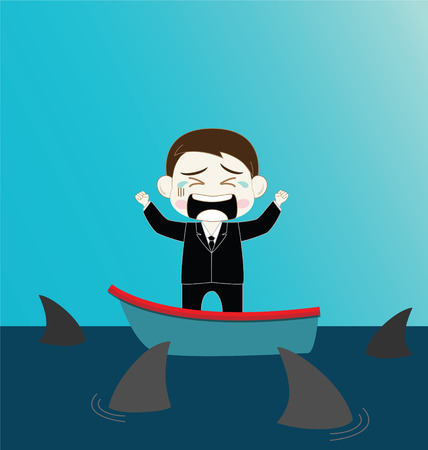 Scared Businessman on boat surrounded by sharkのイラスト素材