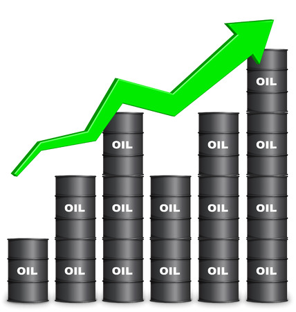 Oil Barrels Arranged In Bar Graph Form On White Background, Up Trendのイラスト素材