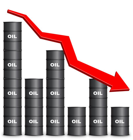 Oil Barrels Arranged In Bar Graph Form On White Background, Down Trendのイラスト素材