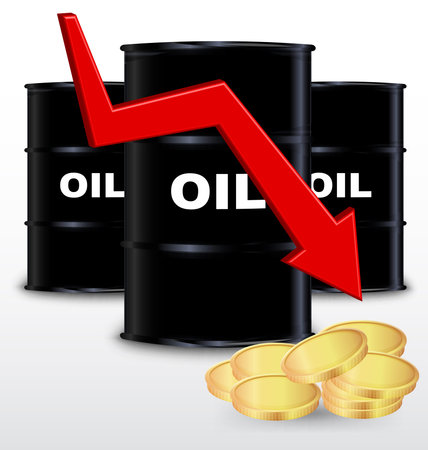Oil Barrels And Stack Of Gold Coin On White Background, Price Fall Conceptのイラスト素材