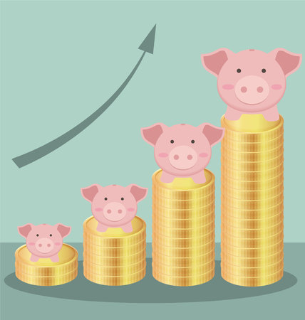 Cute Piggy Bank With Stack Gold Coins Form To be Bar Chart, Saving Money Conceptのイラスト素材