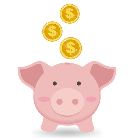 Cute Piggy Bank With Gold Coin On White Background, Saving Money Conceptのイラスト素材