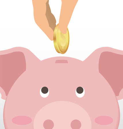 Male Hand Putting Coin Into Cute Piggy Bank Isolated On White Backgroundのイラスト素材