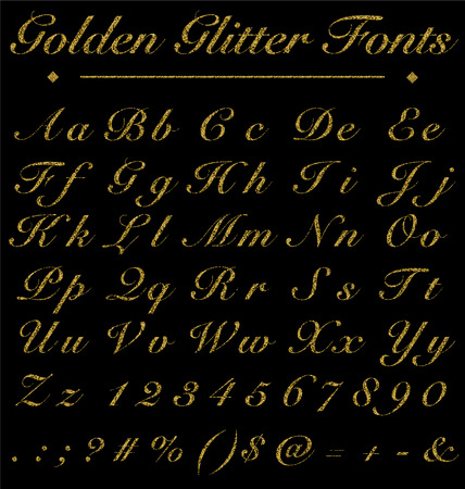 Realistic Glitter Golden Handwritten Fonts, Alphabet, Number On Black Background, Fonts Conceptのイラスト素材