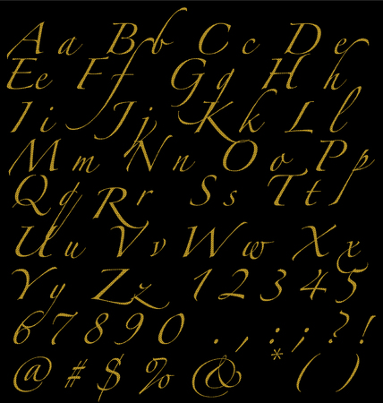 Glitter Golden Handwritten Alphabet Numbers And Signs On Dark Background, Fonts Concept.aiのイラスト素材